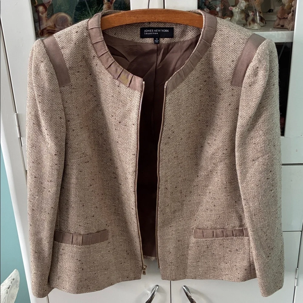 Jones New York Women's Tan Jacket sz 14 Tweed Gold Metallic euc - Picture 5 of 9